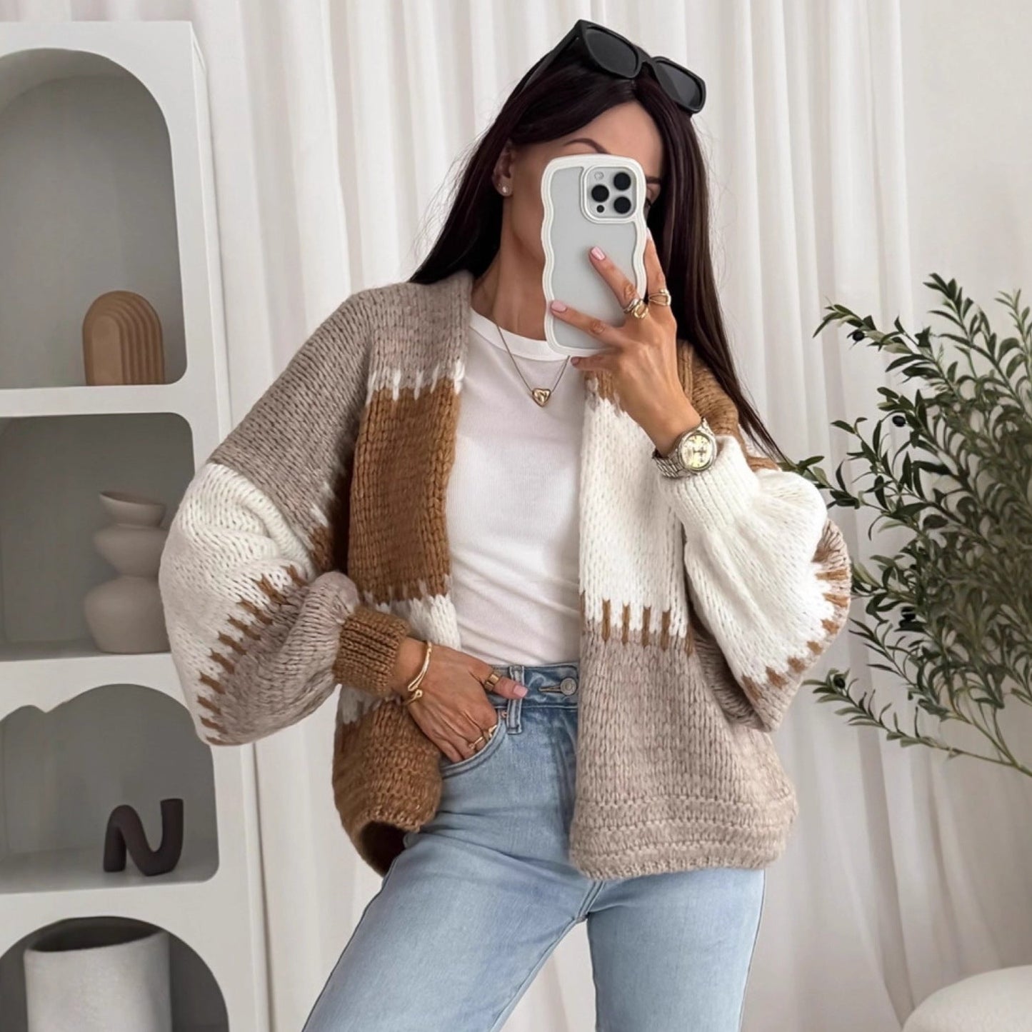 Damen Strickjacke Voluminöse Ärmel Geometrisches Muster Schwarz - Eveloria