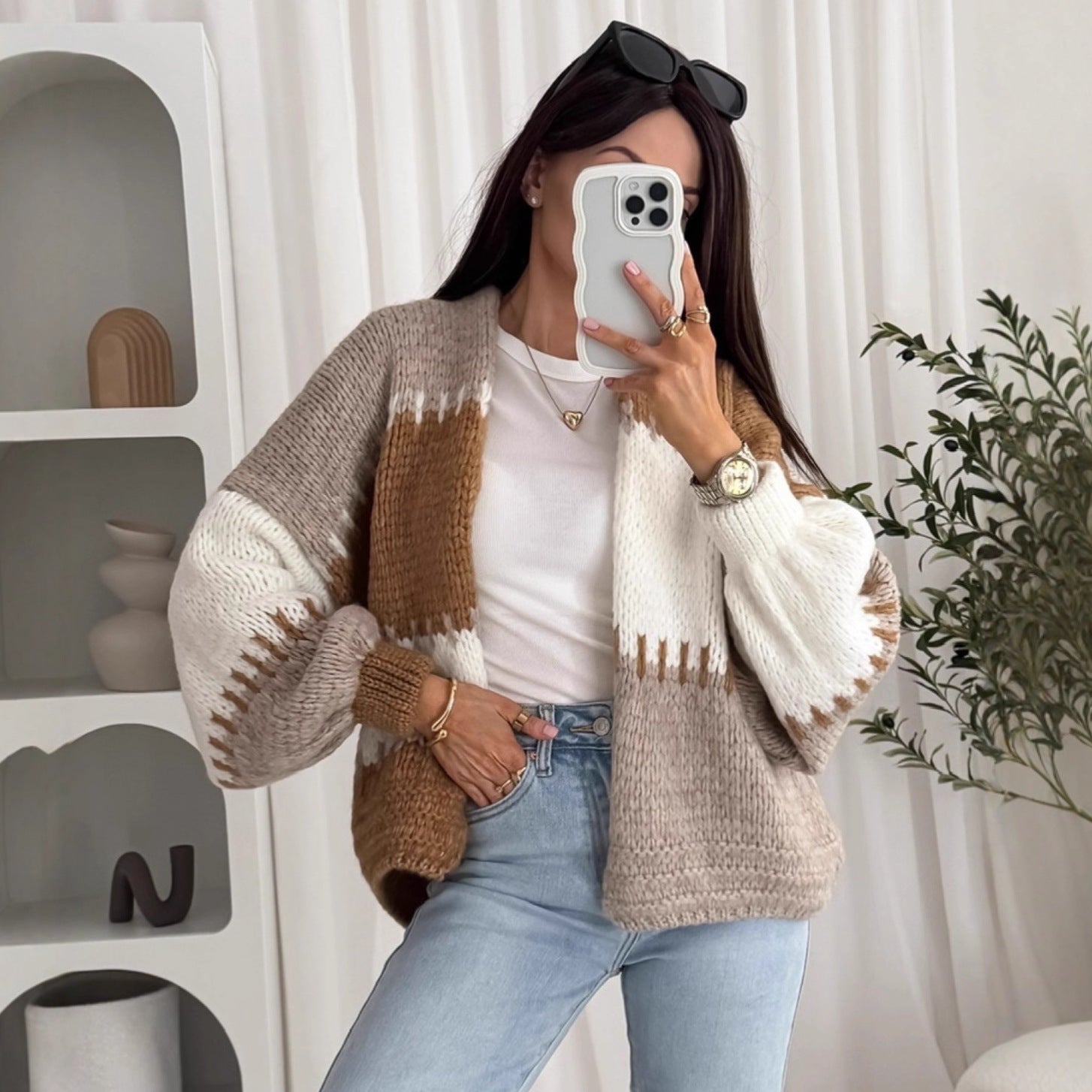 Damen Strickjacke Voluminöse Ärmel Geometrisches Muster Schwarz - Eveloria