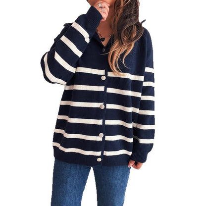 Damen Strickcardigan Gestreift Kapuze Knöpfe