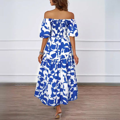 Damen Maxikleid Off-Shoulder Voluminöse Ärmel Floral-Print