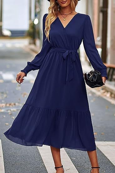 Damen Midi-Kleid V-Ausschnitt Bindegürtel Eveloria