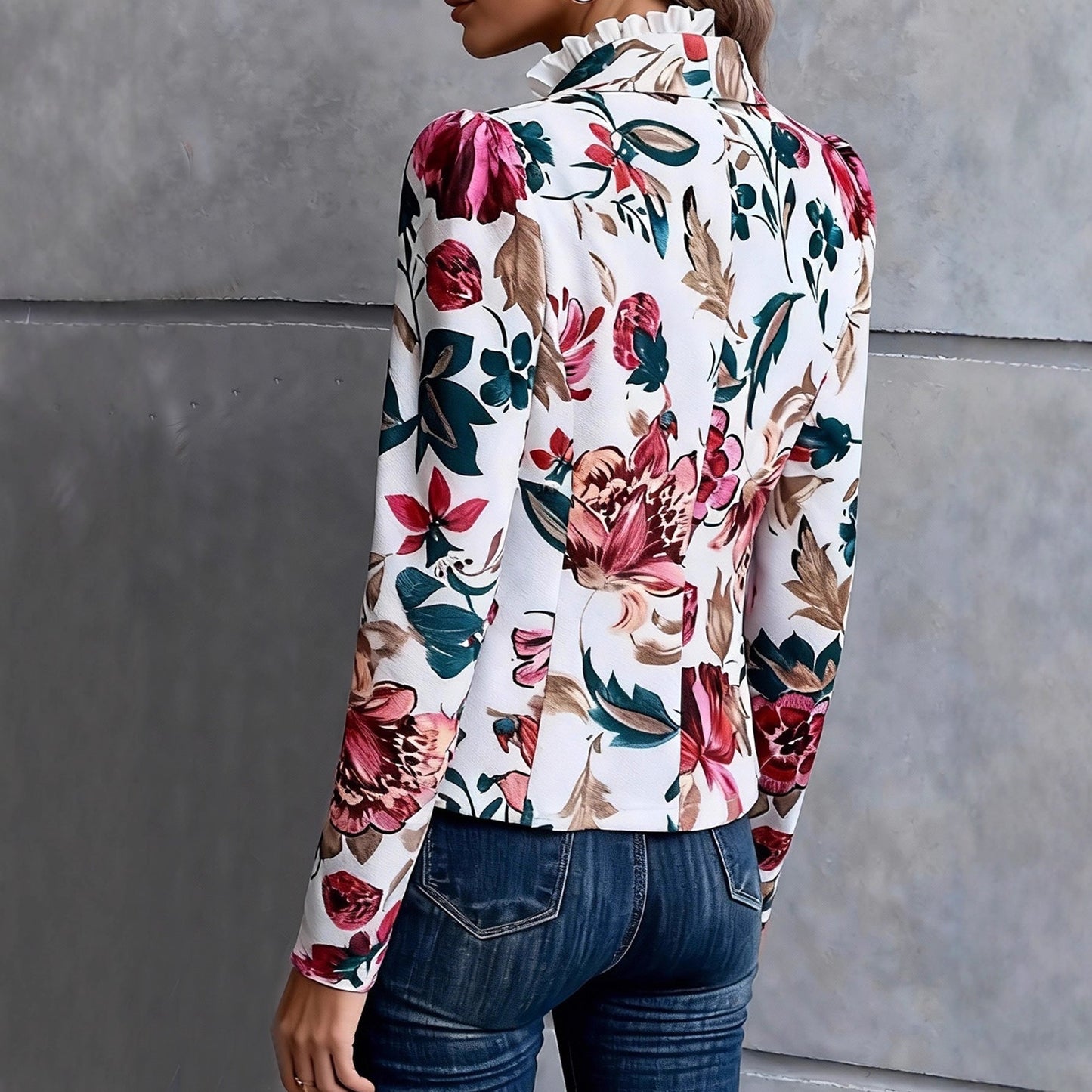 Damen Blazer Florales Design Rüschendetails Eveloria