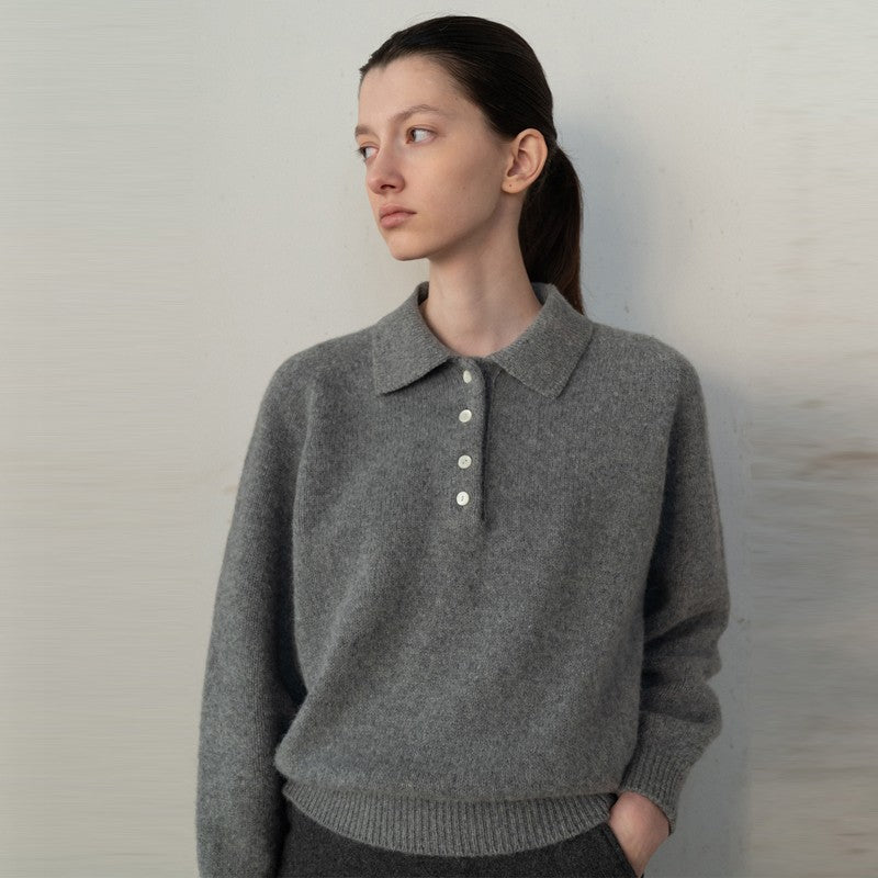 Damen Pullover Polokragen Knopfdetails Elegantes Design