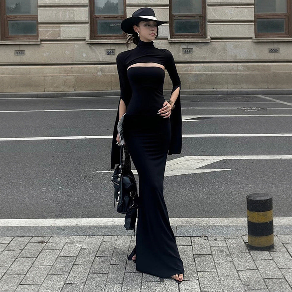 Damen Maxikleid Asymmetrischer Cut-Out Puffärmel Elegant Schwarz - Eveloria