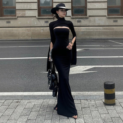 Damen Maxikleid Asymmetrischer Cut-Out Puffärmel Elegant Schwarz - Eveloria