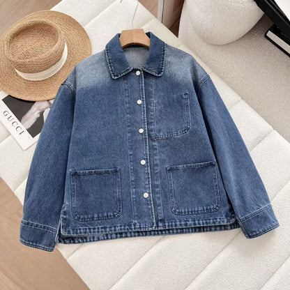 Damen Jeansjacke Lässig Modern mit Taschen Blau Eveloria