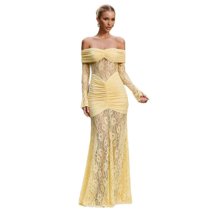 Damen Maxikleid Spitze Raffiniert Schulterfrei