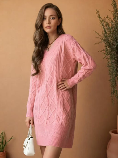 Damen Strickkleid V-Ausschnitt Strukturiert Anthrazit