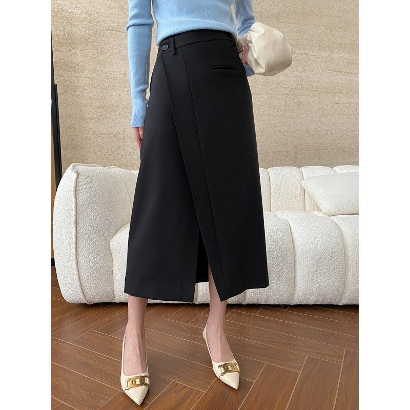 Damen Midirock Überlappendes Design Knopfdetails Schwarz Eveloria - Eveloria
