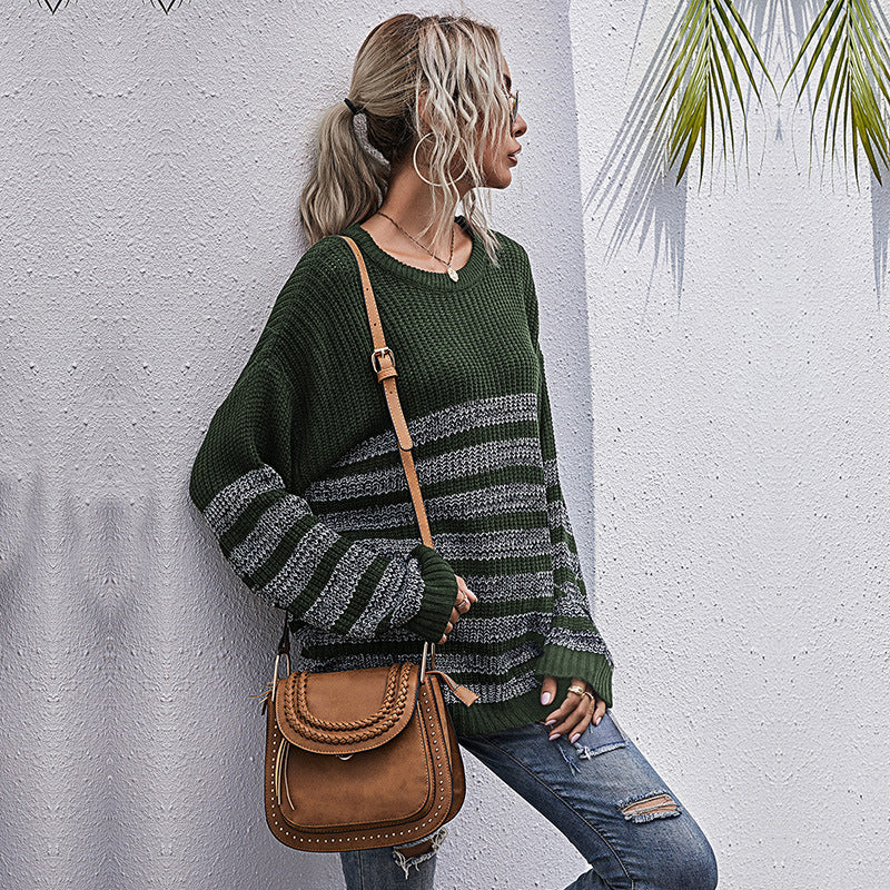 Damen Strickpullover Lässig Streifenmuster Weite Passform Beige