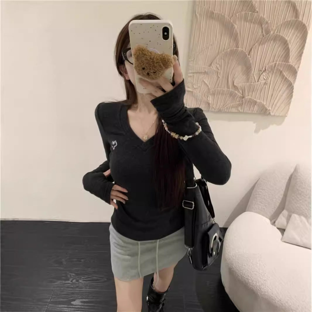 Damen Langarmshirt V-Ausschnitt Rippstruktur Elegantes Design