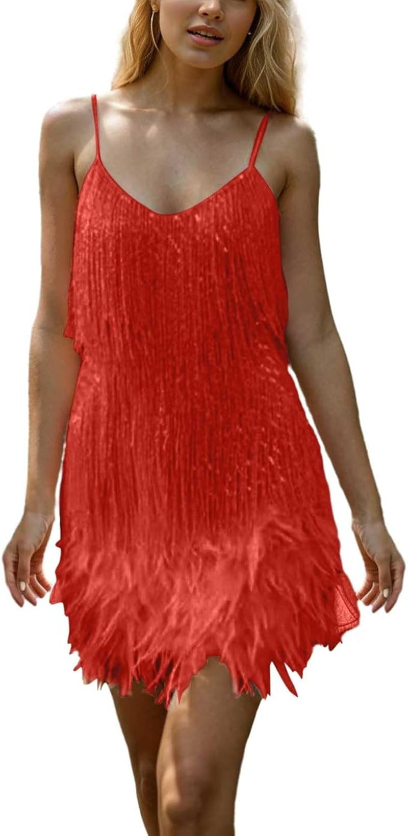 Damen Minikleid V-Ausschnitt Fransen