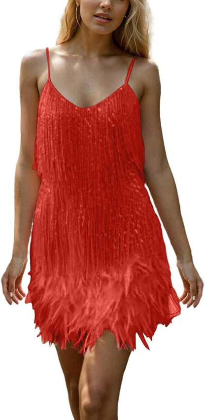 Damen Minikleid V-Ausschnitt Fransen