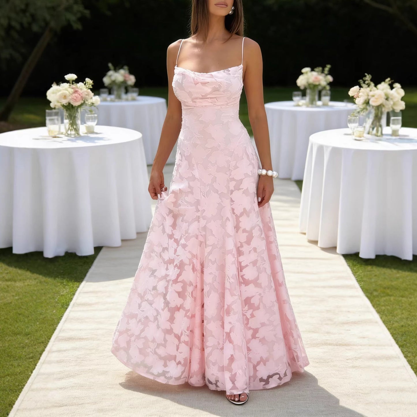 Damen Maxikleid Schimmerndes Blumenmuster Spaghettiträger Elegant