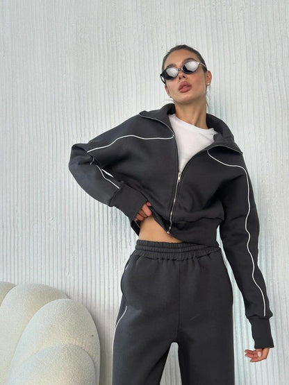 Damen Zweiteiler Sportlich Stehkragen Taschen Eveloria