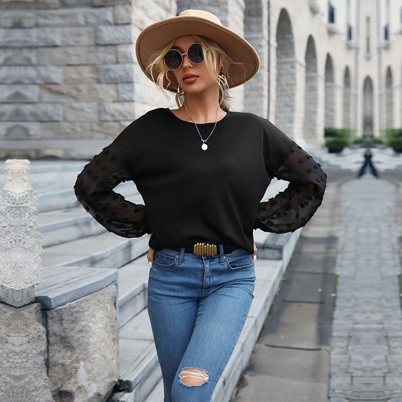 Damen Oberteil transparente Puffärmel strukturiertes Design Eveloria