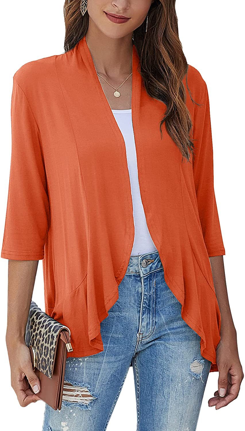 Eveloria Damen Strickjacke Einfarbig 7/8 Ärmel Rüschenrand