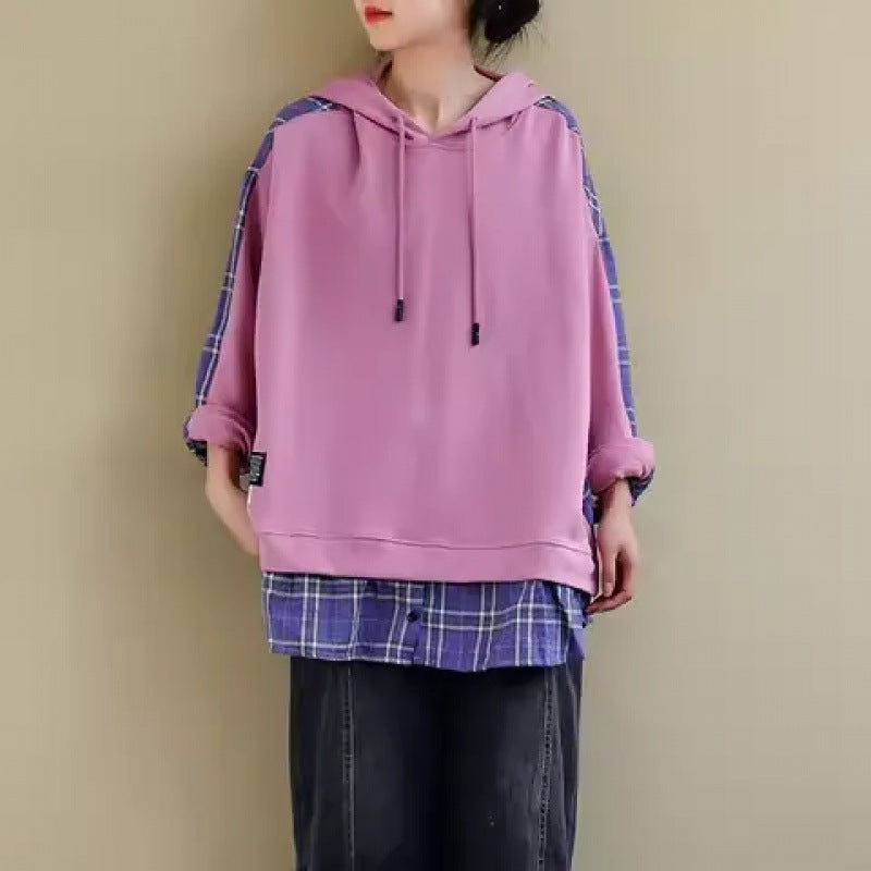 Damen Kapuzenpullover Karo Applikation Weich Innenfutter