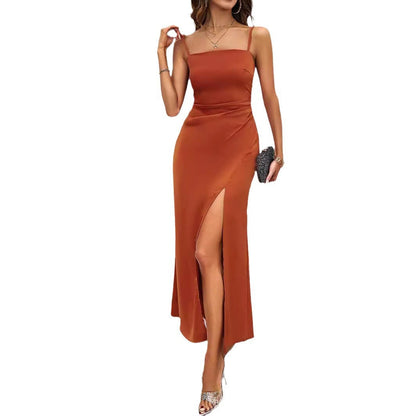 Damen Satin Maxikleid mit hohem Beinschlitz und Spaghettiträgern