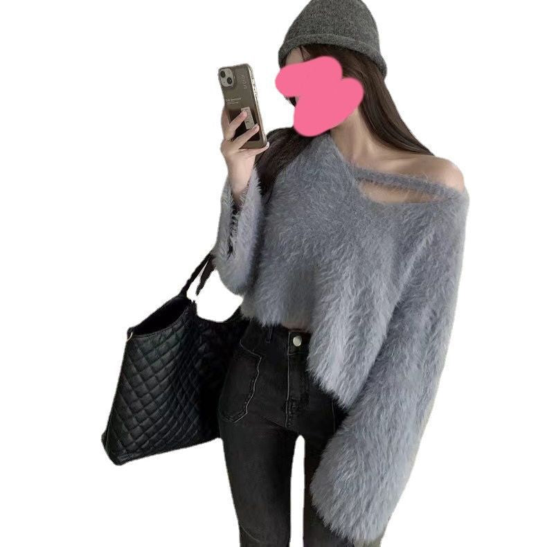 Damen Cropped Pullover Flauschig Weiches Strickmuster Grau