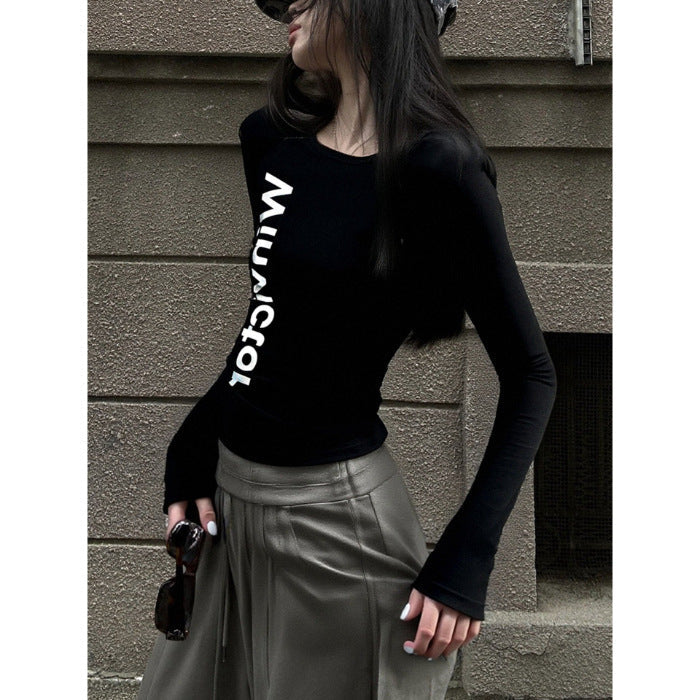Damen Langarm T-Shirt Figurbetont mit Schriftzug Eveloria