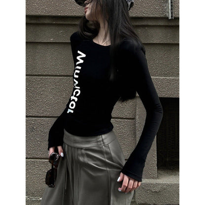 Damen Langarm T-Shirt Figurbetont mit Schriftzug Eveloria