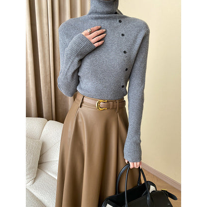 Damen Strickpullover Hochkragen Dekorative Knöpfe Eveloria