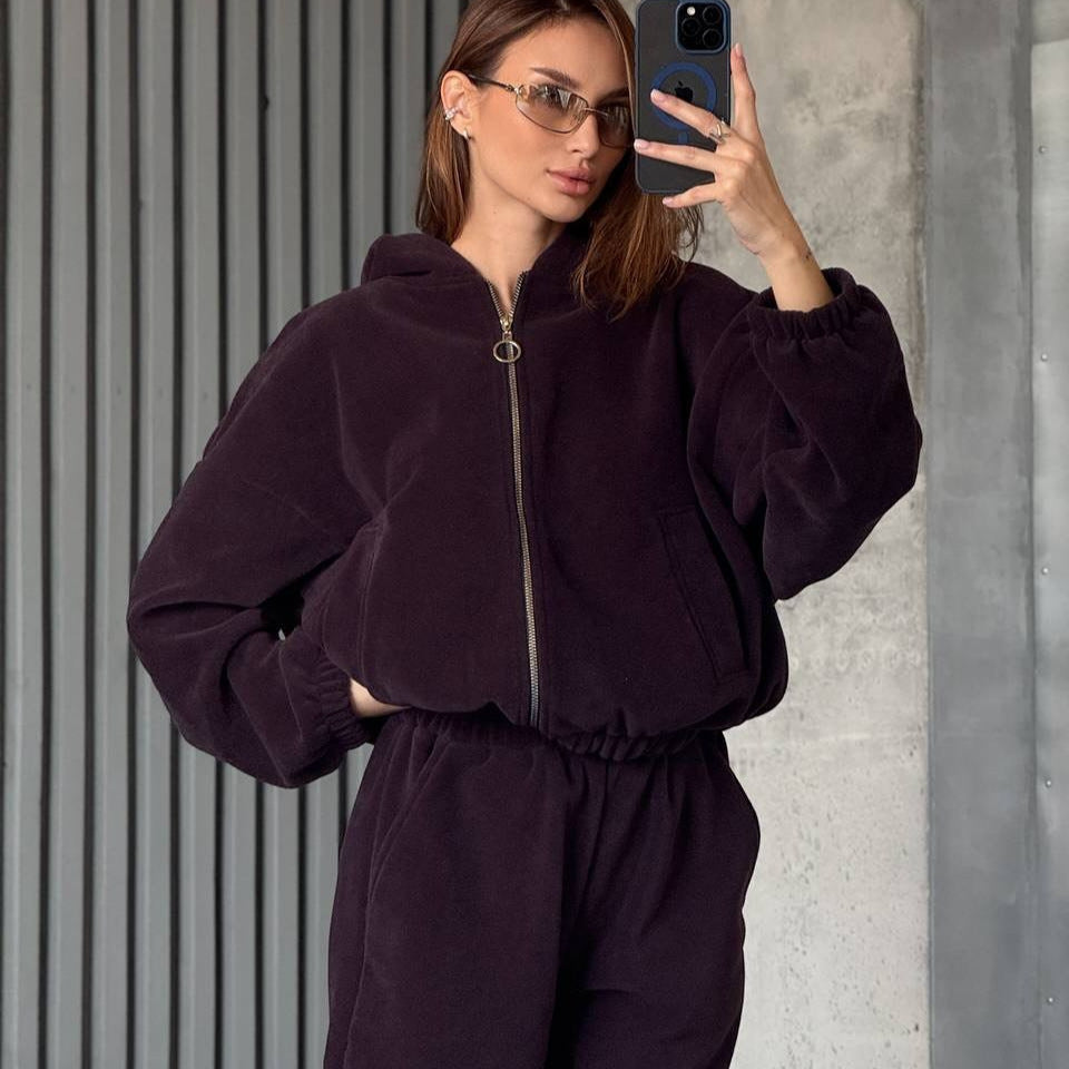 Damen Velours Jogginganzug mit Kapuze und Reißverschluss Bequem