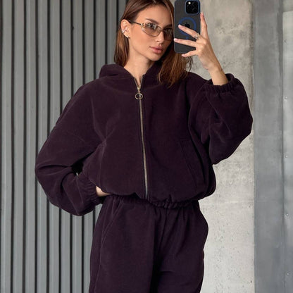 Damen Velours Jogginganzug mit Kapuze und Reißverschluss Bequem