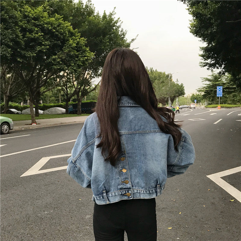 Damen Cropped Denimjacke Oversized Schnitt Blau Eveloria