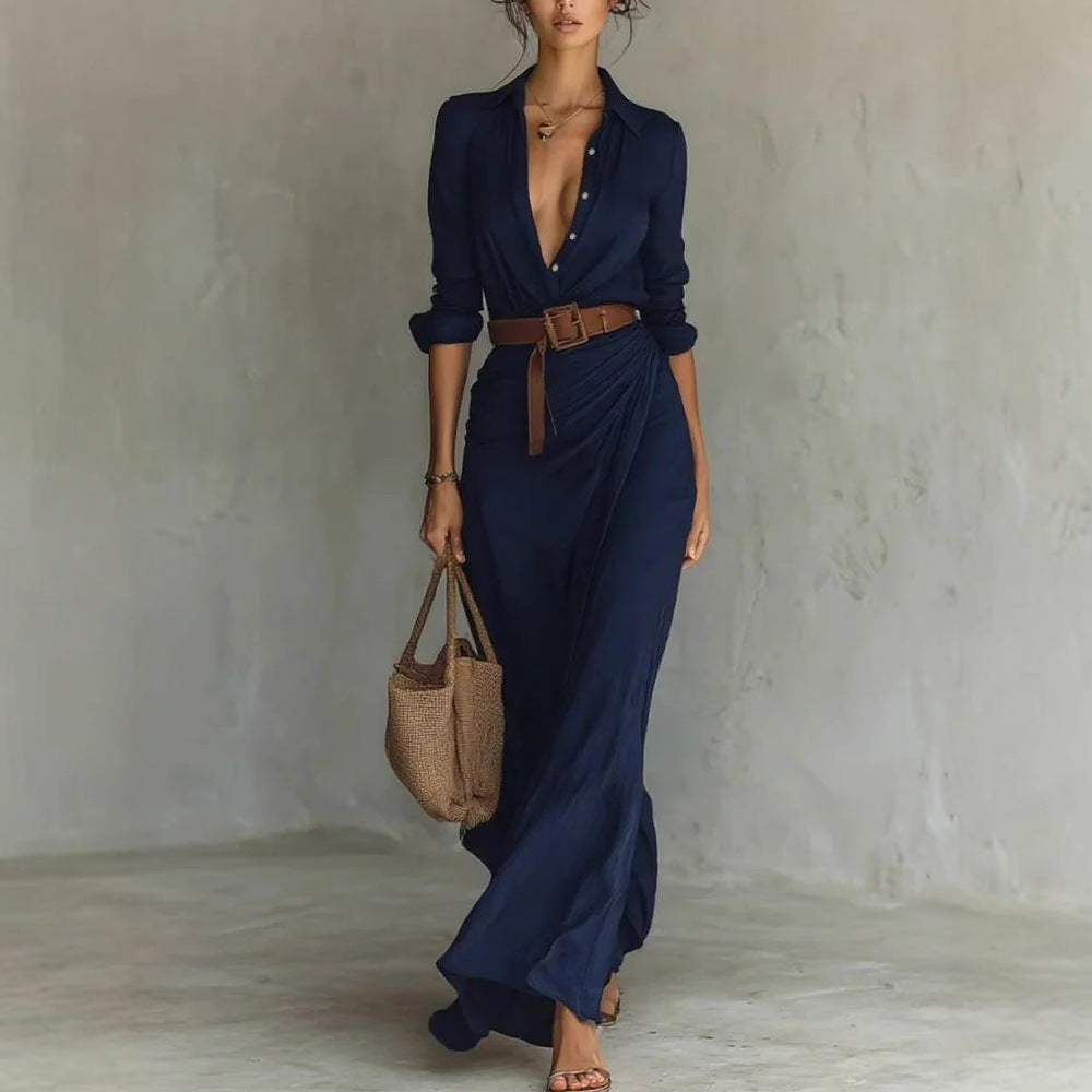 Damen Maxikleid Klassischer Hemdkragen Seidenstoff