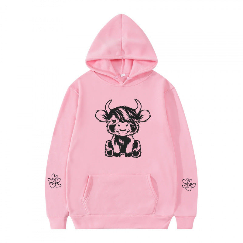 Damen Kapuzensweater Kuhmotiv Baumwolle Kängurutaschen Beige