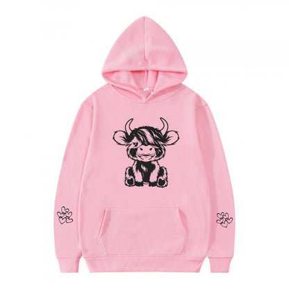 Damen Kapuzensweater Kuhmotiv Baumwolle Kängurutaschen Beige