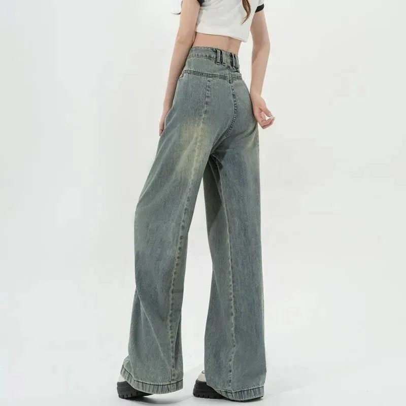 Damen Hochtaillierte Weite Jeans mit Falten Eveloria → Damen
