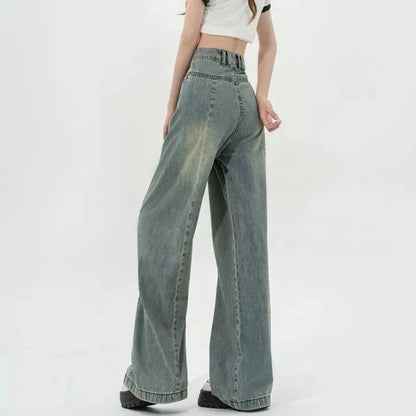 Damen Hochtaillierte Weite Jeans mit Falten Eveloria → Damen