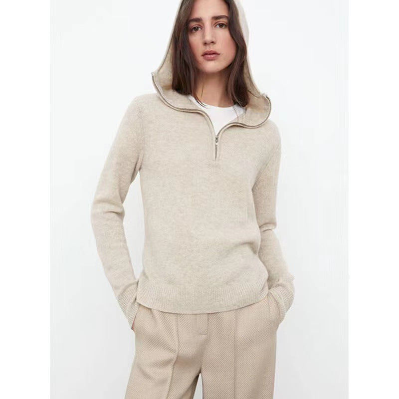 Damen Strickpullover mit Kapuze und Reißverschluss Grau Eveloria