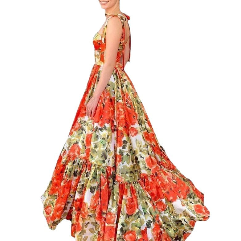 Damen Maxikleid Blumendruck Volantdetails Eveloria