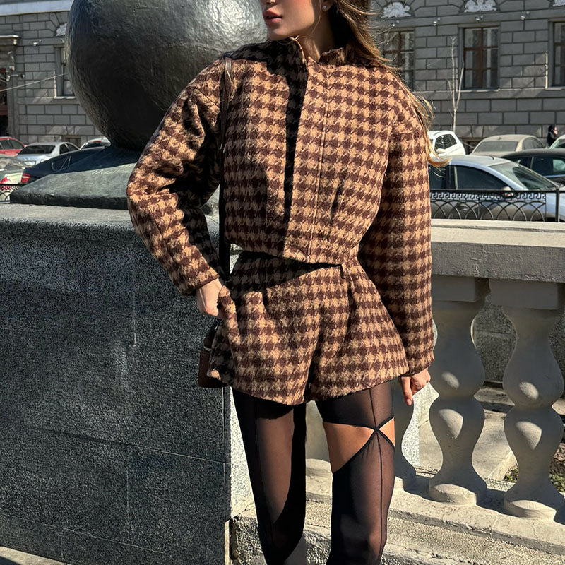 Damen Modische Jacke Puffärmel Karomuster Eveloria - Eveloria