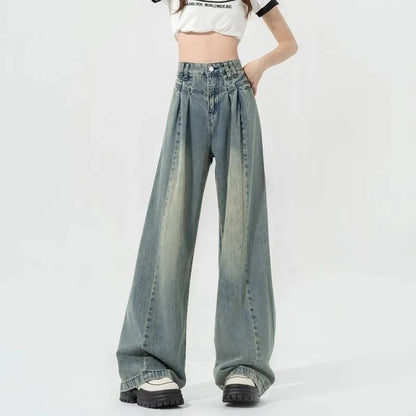 Damen Hochtaillierte Weite Jeans mit Falten Eveloria → Damen