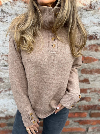 Damen Pullover Hohler Kragen Dekorative Knöpfe Eveloria