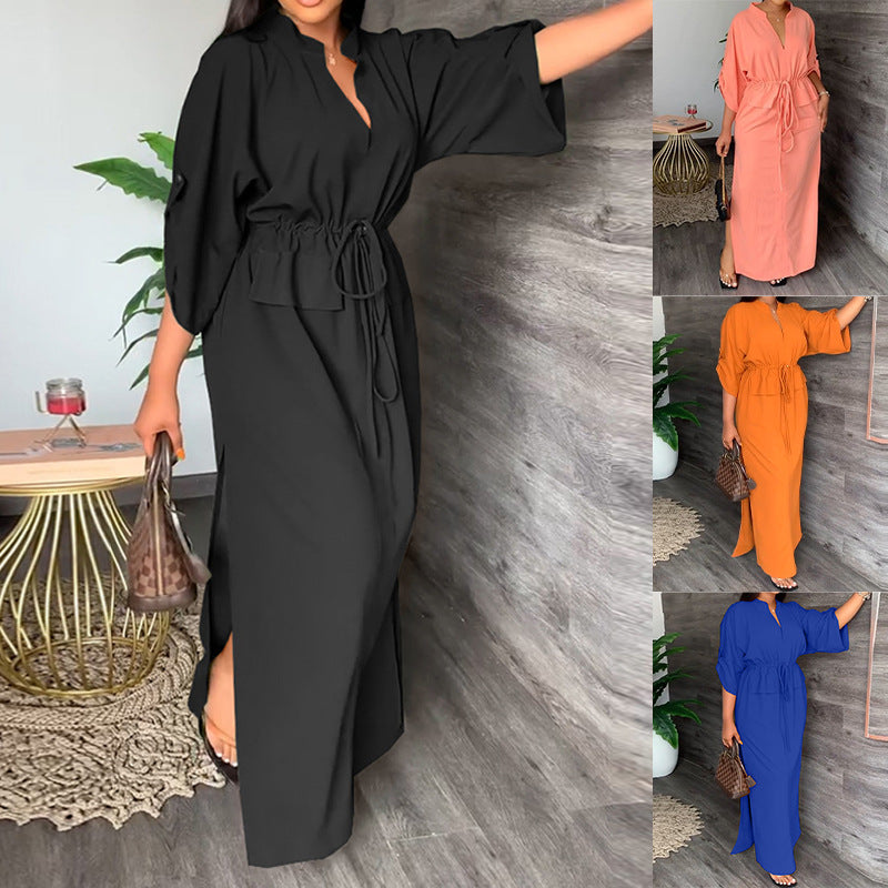 Damen Maxikleid Lässig Gürtel Weite Ärmel Eveloria