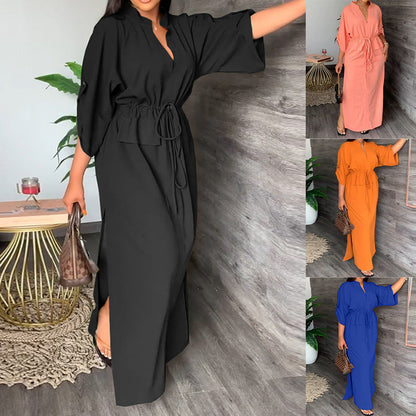 Damen Maxikleid Lässig Gürtel Weite Ärmel Eveloria