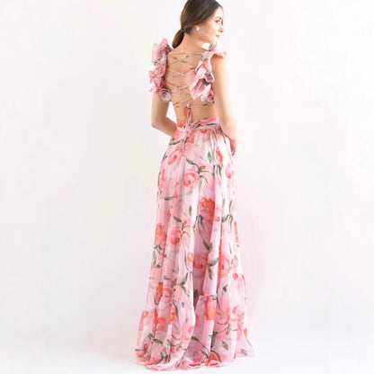 Damen Maxikleid Vintage-Stil Fließender Rock Rüschendetails