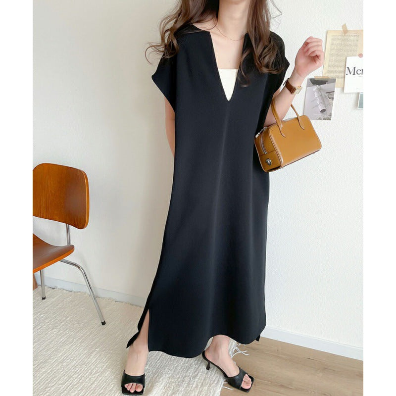 Damen Midi-Kleid V-Ausschnitt mit Seitentaschen