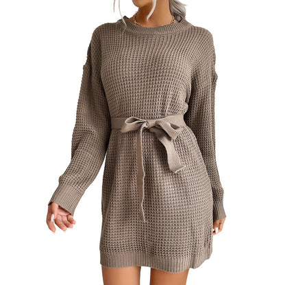 Damen Strickkleid mit Bindegürtel Lässig Eveloria