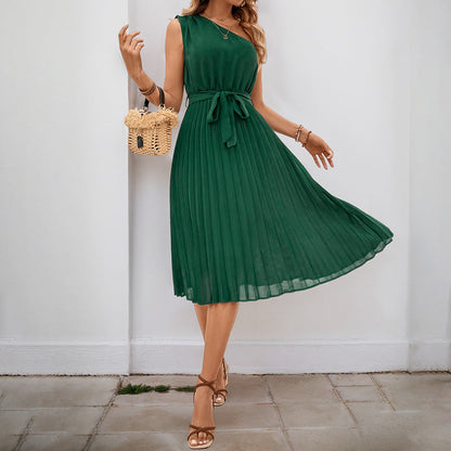 Damen Midi-Kleid Plissee Taillengürtel Elegant Eveloria