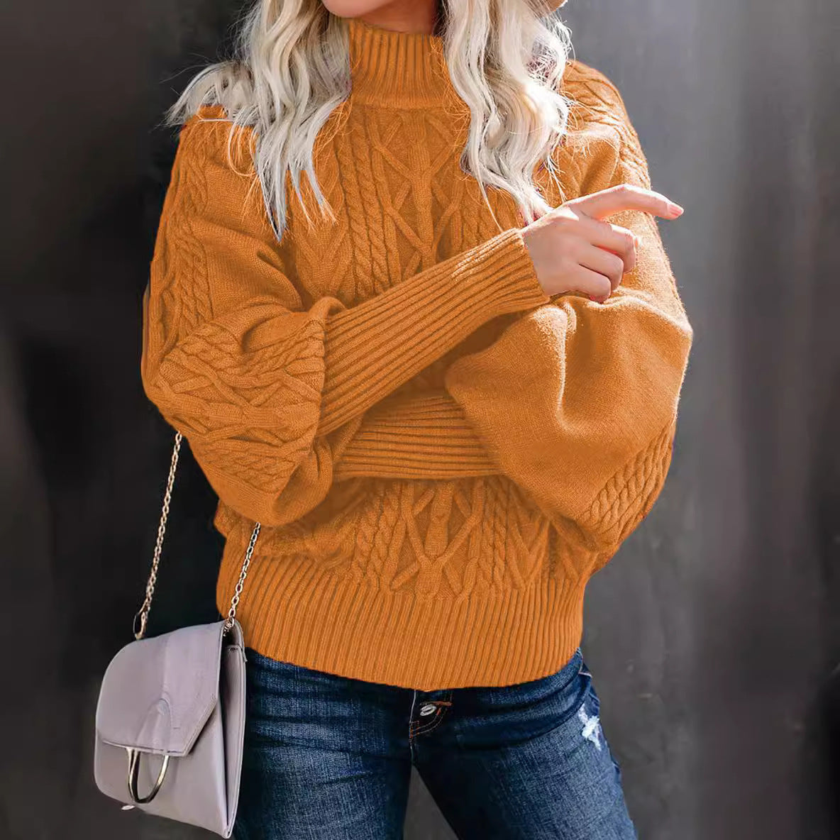 Damen Strickpullover Stehkragen Zopfmuster Eveloria