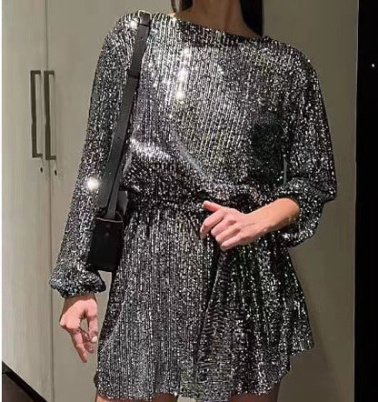 Damen Paillettenkleid Weit Elegant Tailliert Eveloria