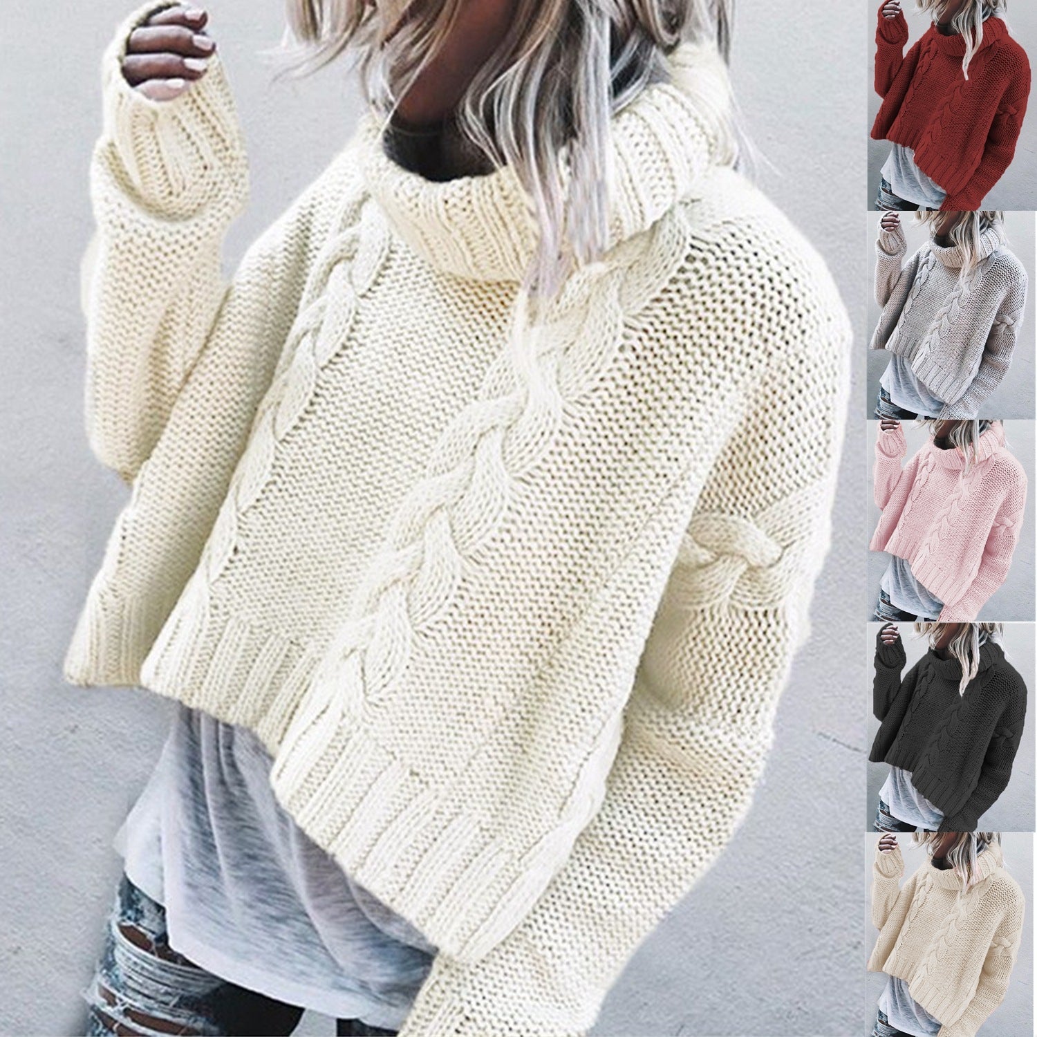 Damen Grobstrickpullover Weiter Rollkragen Zopfmuster Eveloria - Eveloria
