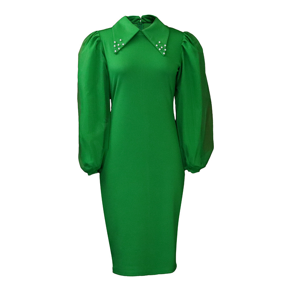Damen Etuikleid Puffärmel Eleganter Kragen
